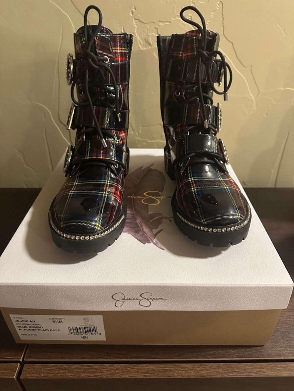 Jessica Simpson Black Red Plaid Patent Combat Boots with Crystal Trim
